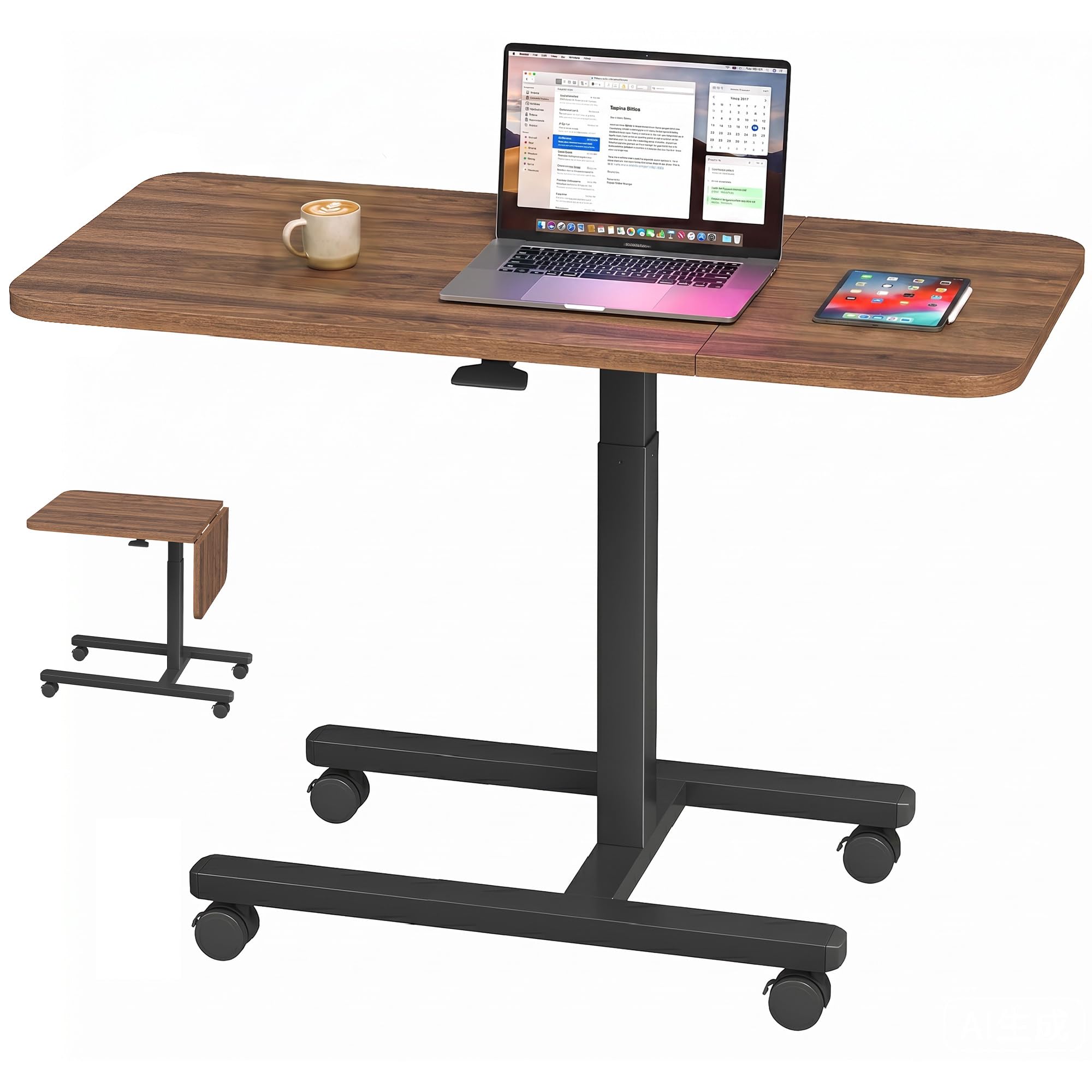 Tavolino Letto Regolabile in Altezza, Ampio Piano 100cm, con Ruote Freno, Pistone, Scrivania Computer Forma C Robusta, Tavolo Divano Mobile per Soggiorno, Camera Letto,Colore noce