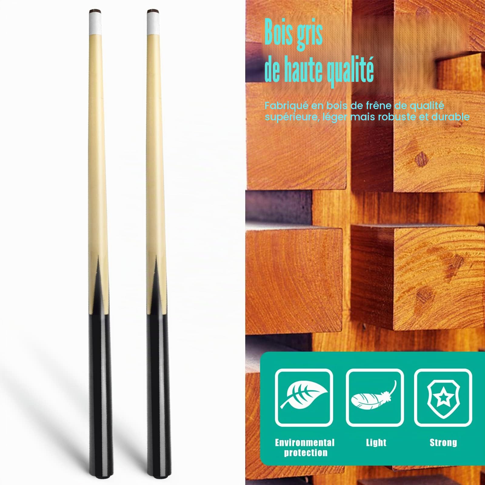 Lot de 2 queues de Billard Courtes en Bois Dur pour Enfants avec Pointes collées de 13 mm