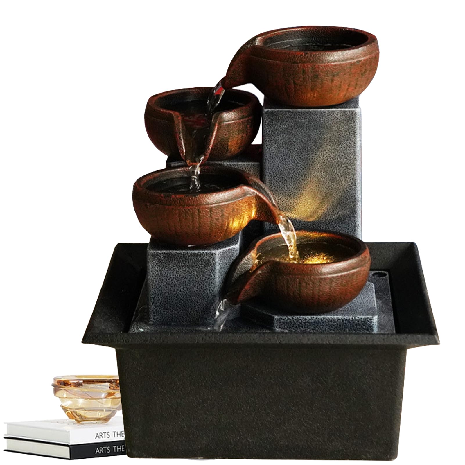 Fontaine à eau électrique de bureau,Fontaine d’Intérieur Cascade 4 Niveaux Jarre Effet Pierre,Décor Zen en Résine,avec Lumières LED Ornements d'eau Courante de Fontaine pour Le Bureau(Style 1)