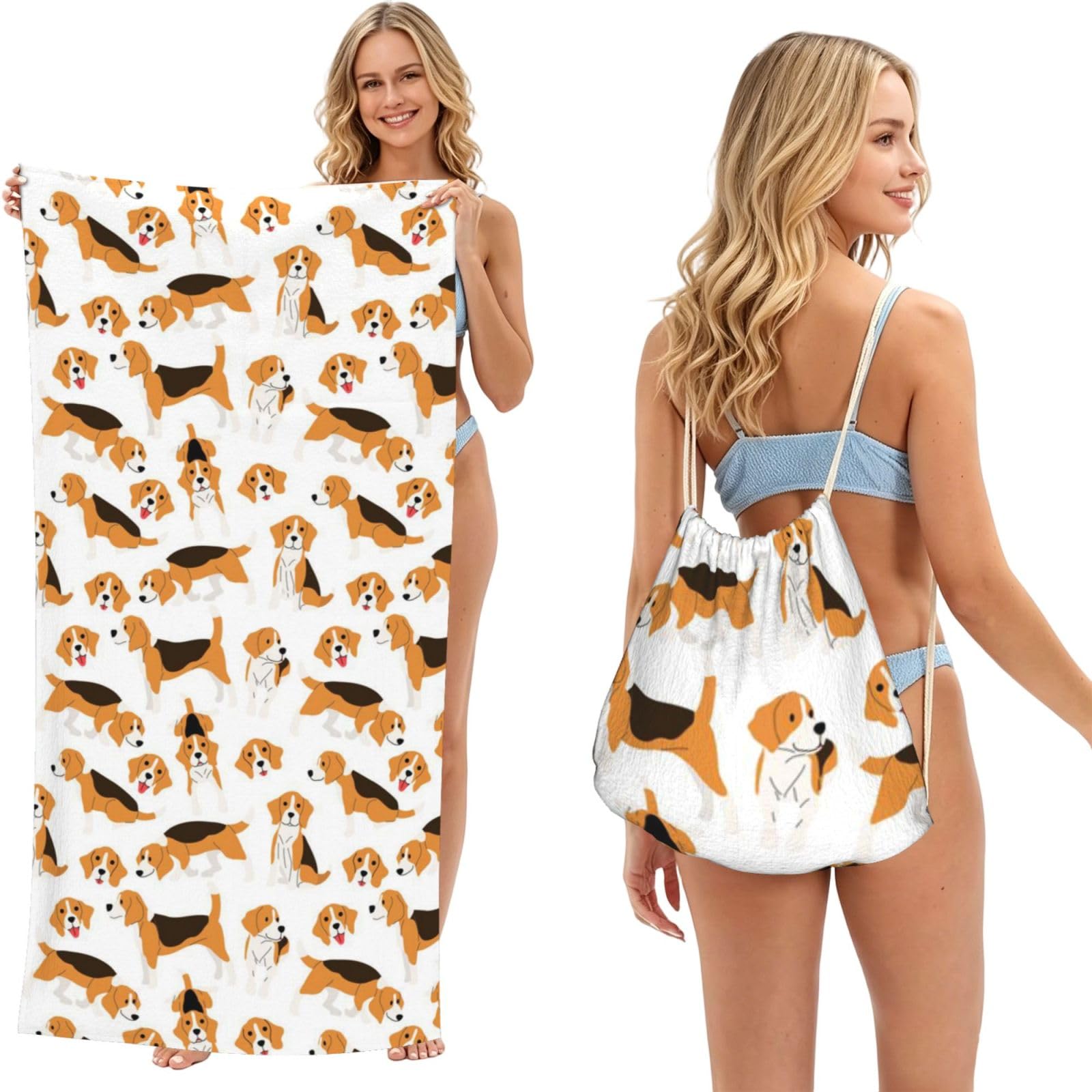 WSHFFILO Beagle Dog printed 2 in 1 Packable Towel Bag Bath Towel Beach Towel