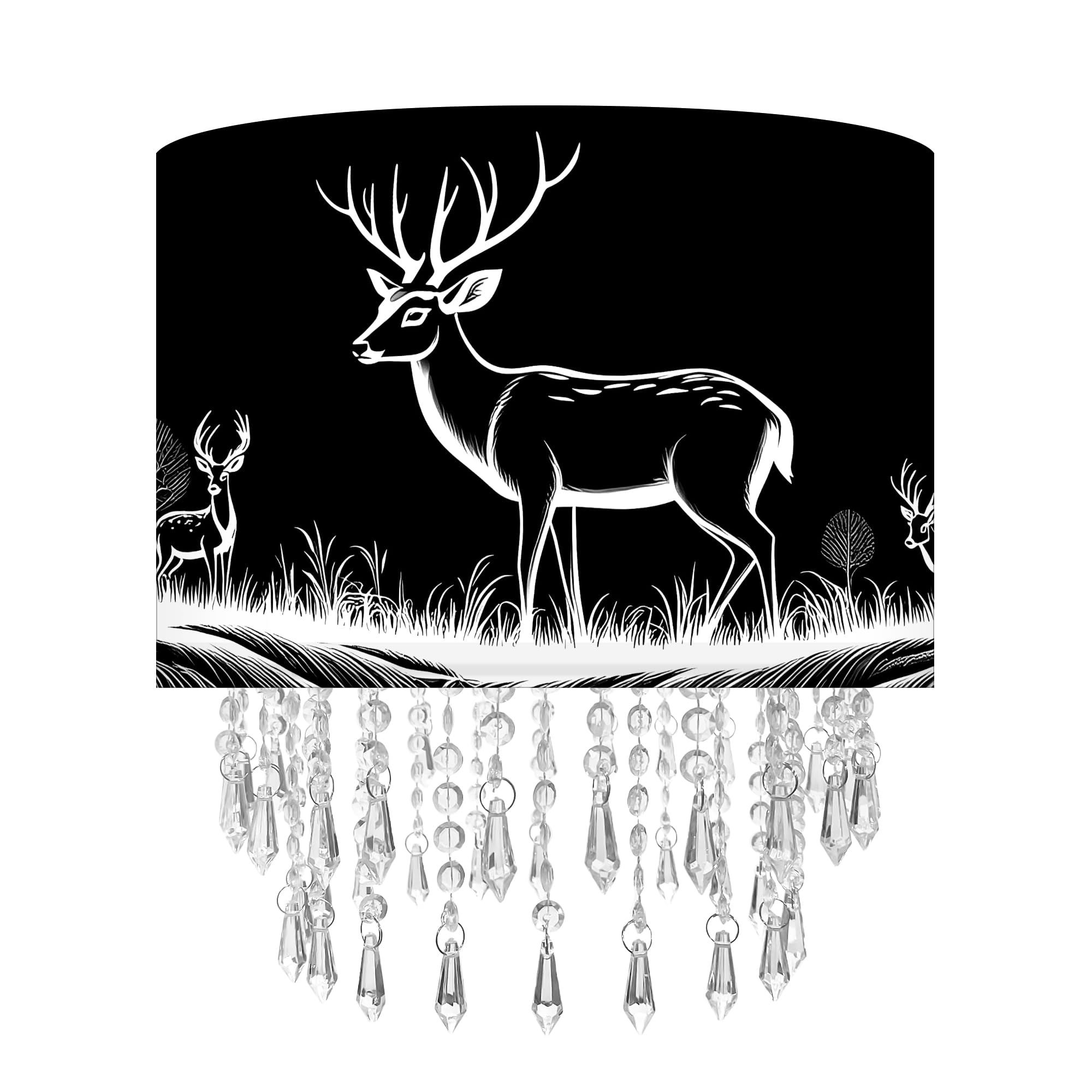 Deer & Forest Light Shade Acrylic Bead Droplets, Black Drum Fabric Lampshade for Ceiling Pendant Table & Floor Lamps, Decor & Gift for Wild Animal Nature Lover, 30cm โ image 1