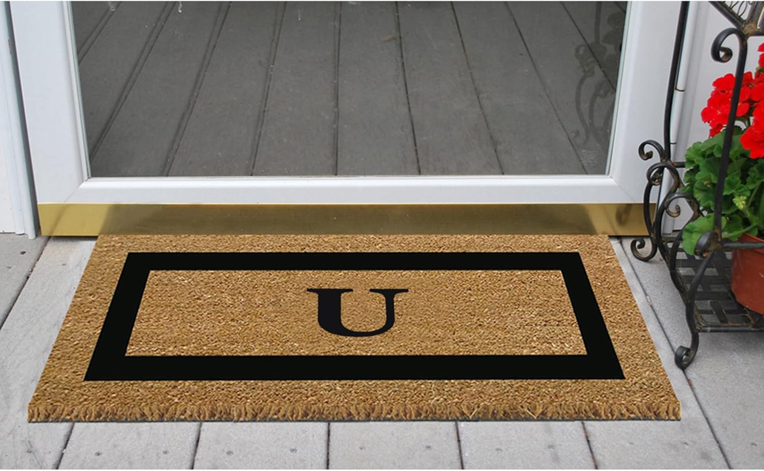 Monogrammed Superscraper Single Picture Frame Black Coir Doormat with Rubber Bottom - Ultra-Thin Coco Coi, Non-Slip Outdoor Entrance Mat - 20" Long by 36" Wide (Monogram F)