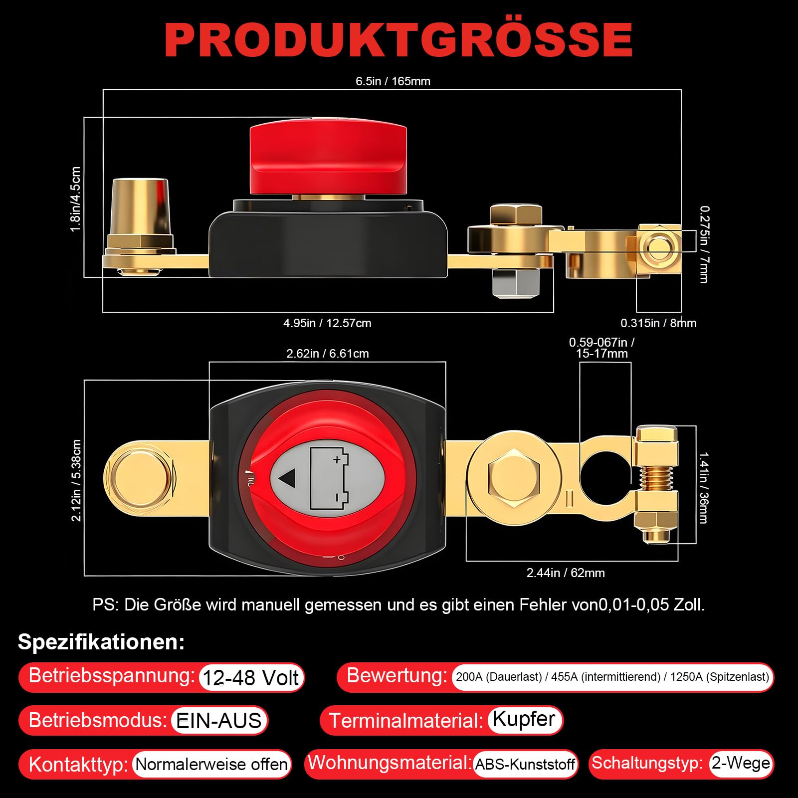 Autobatterie Trennschalter 12V-48V 200A, 180° drehbarer Batteriehauptschalter ON-OFF mit Flammhemmendem Gehäuse für Auto LKW Boot Wohnwagen Motorrad