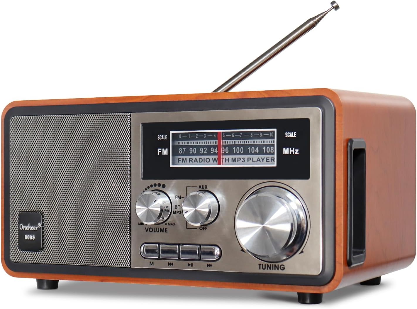 Oncheer Retro Vintage Wood Bluetooth FM Home Radio, 15W Subwoofer Stereo Speaker, Battery Powered Radios with Antenna Best Reception, Support TF Card/USB Player/AUX in