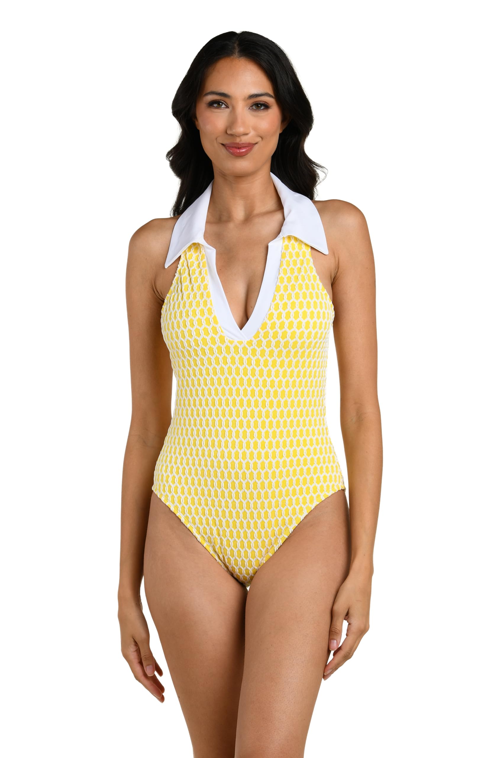 La Blanca Womens V-Neck Mio Collared Front One Piece Swimsuit