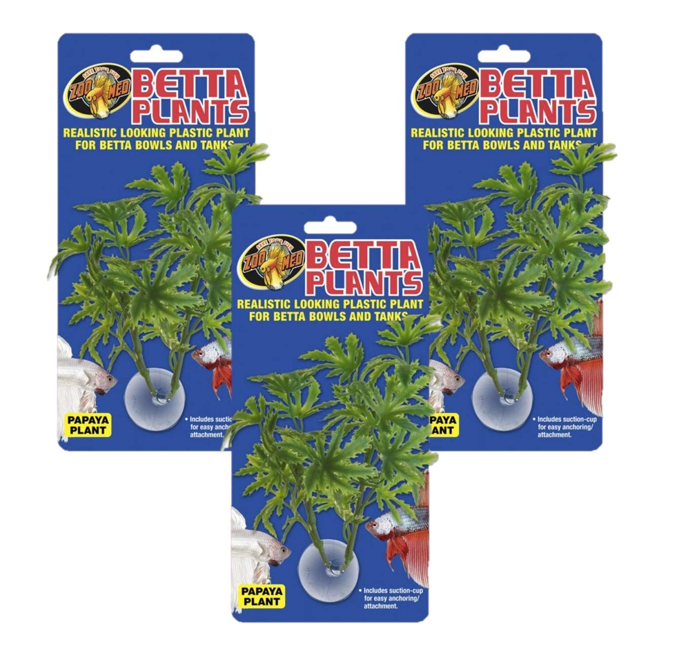 Zoo Med Paquete de 3 plantas artificiales betta, planta de papaya, con ventosas