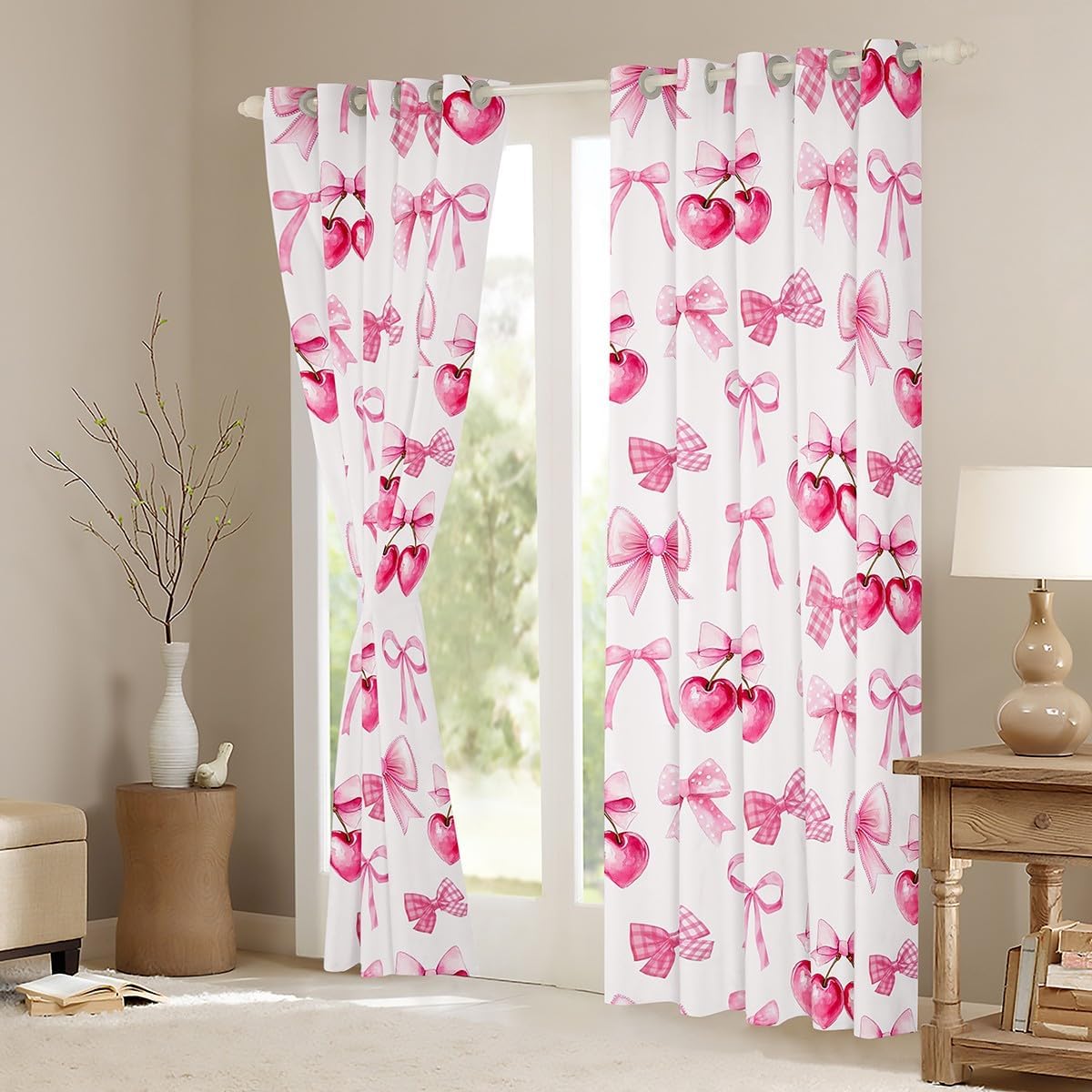 Girls Pink Bow Curtains,Kids Adults Teens Room Decor Cartoon Bowknot Cherry Boys Girls Window Treatment Curtain,Fairy Tale Princess Style Window Drapes,Top 2 Panel,38Wx45L