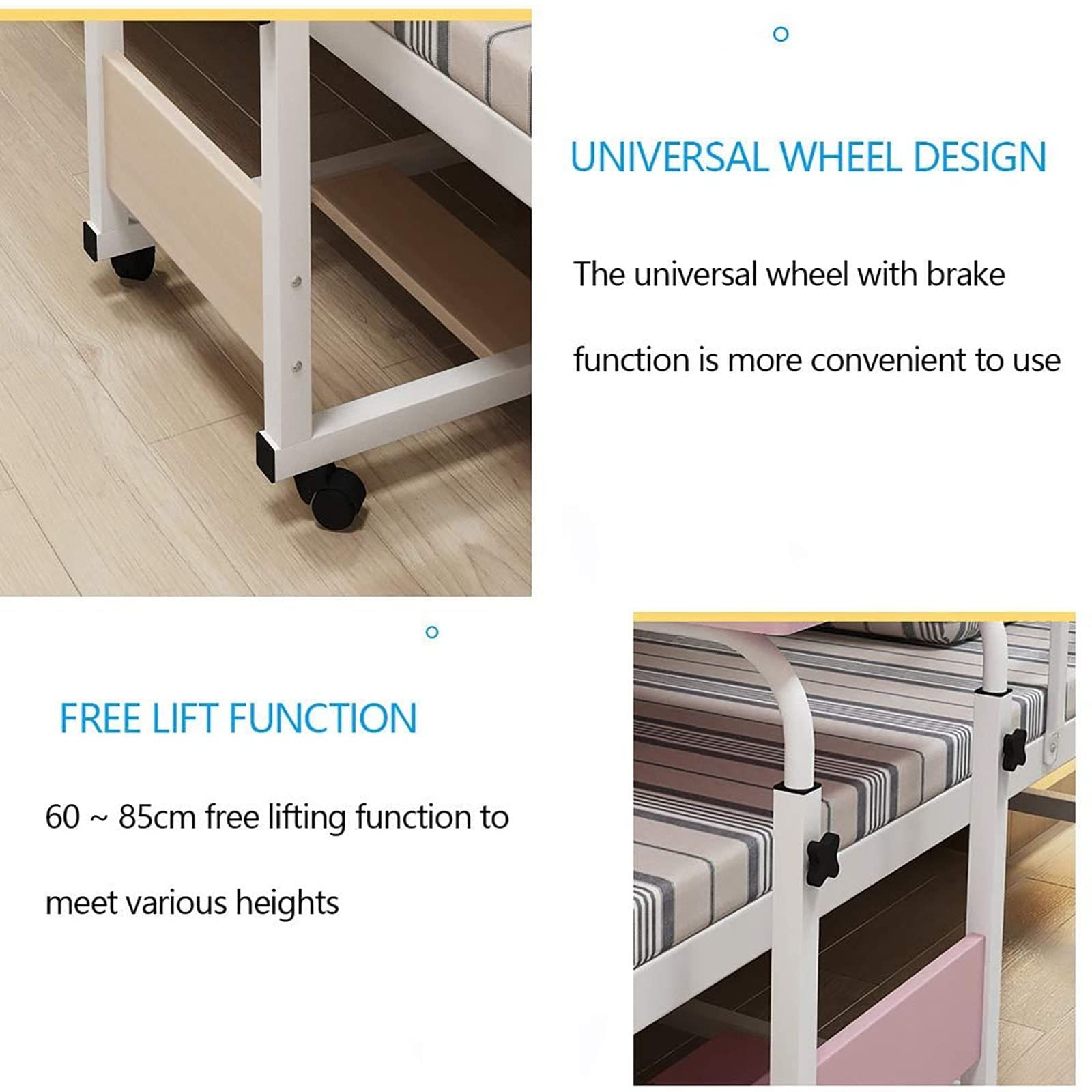Tavolini Overbed su Ruote, Tavolino da Letto Regolabile in Altezza Mobile Overbed Computer Table Comodino da Letto per Laptop per Leggere, Fare Colazione (Color : A, Size : 80 * 40cm)