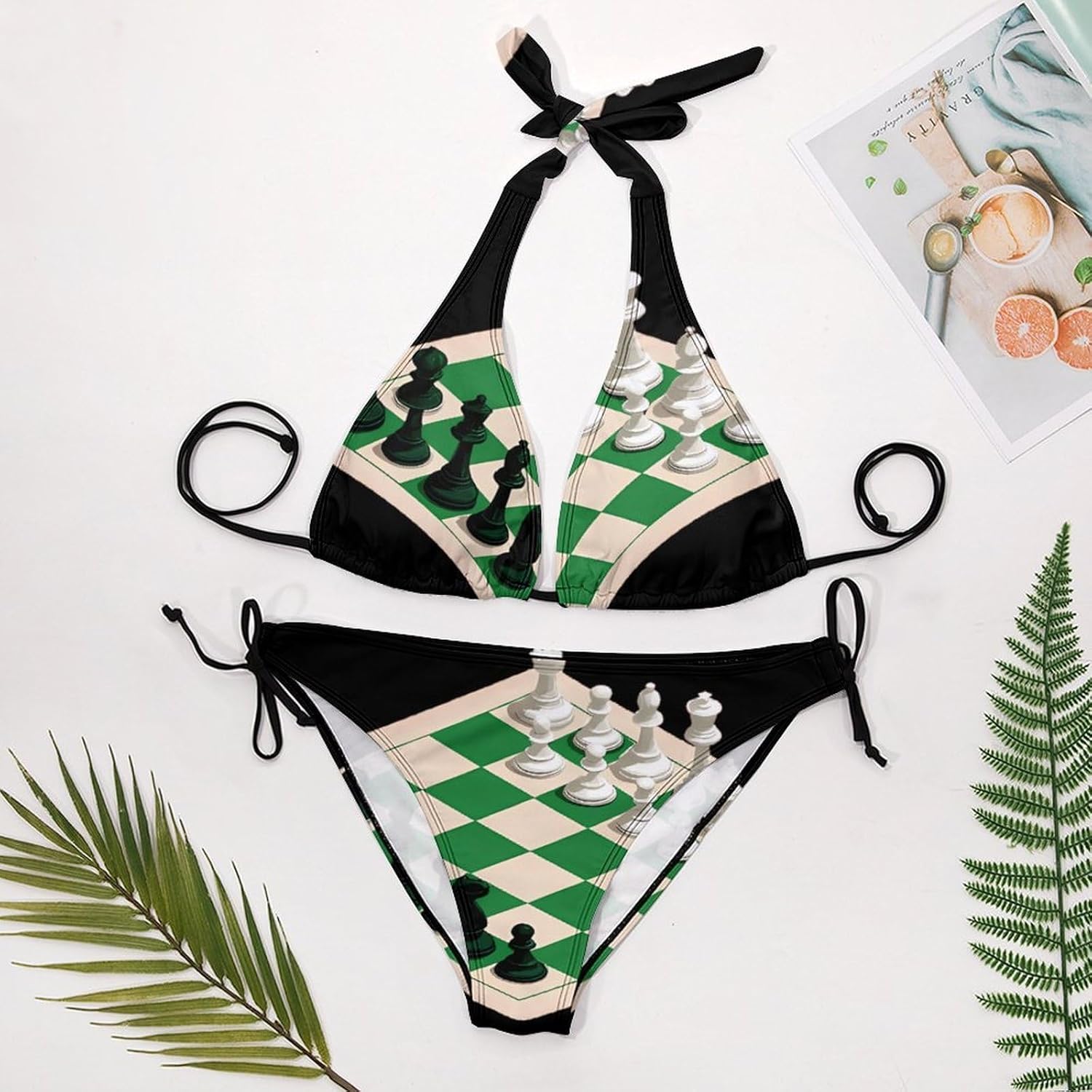 Chess1 Board White and Green Novelty Women's 2 Piece String Bikini Set Swimsuits Bathing Suit Swimwear