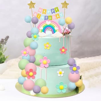 39 Pcs Pastel Balls Cake Toppers Daisy Flower Cupcake Decoration Boho Rainbow Cake Topper with Happy Birthday Banner for 70s Groovy Hippie Party Supplies