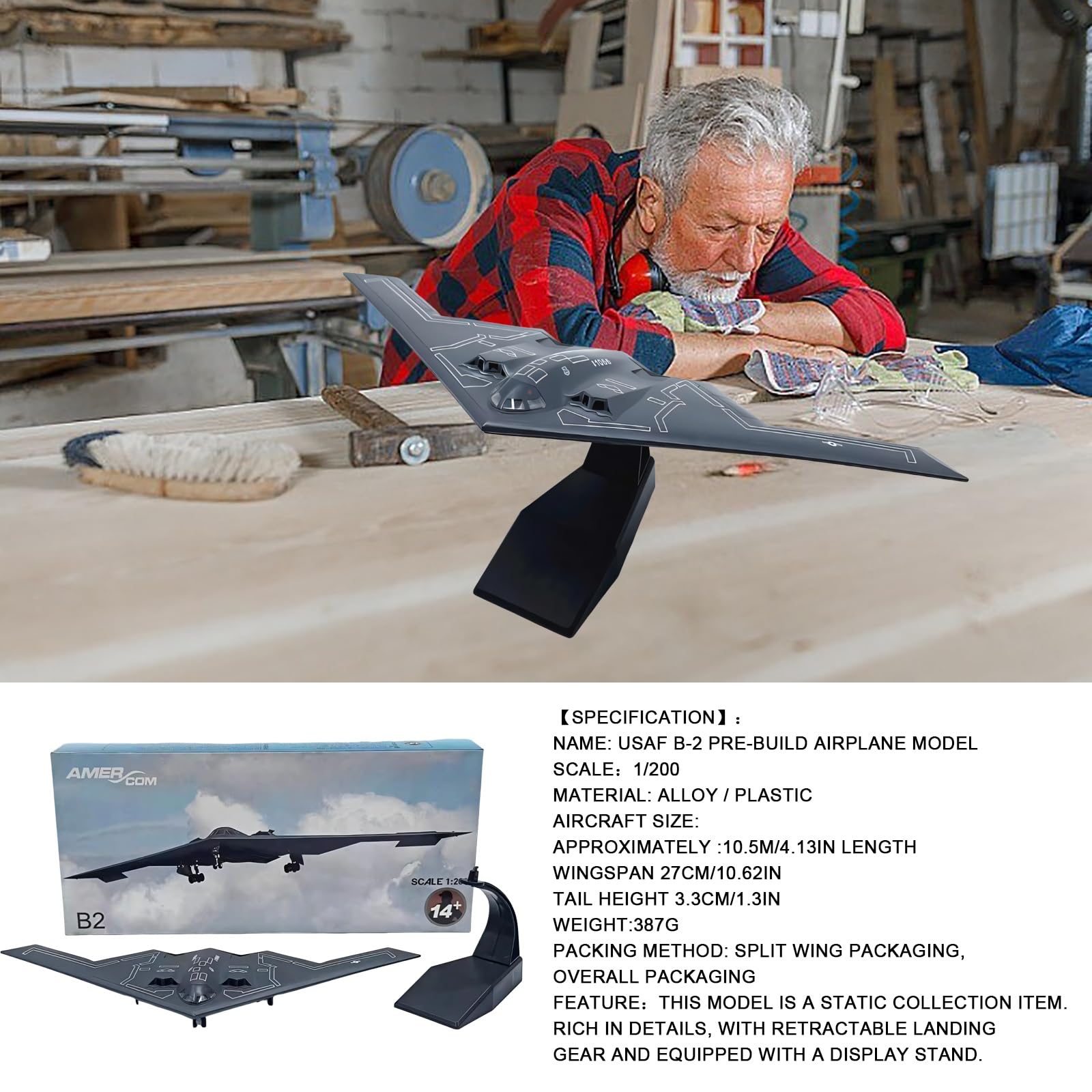 Modello militare metallo pressofuso scala 1/200 bombardiere stealth B-2 dell'aeronautica militare statunitense, aereo militare altamente dettagliato con carrello atterraggio retrattile