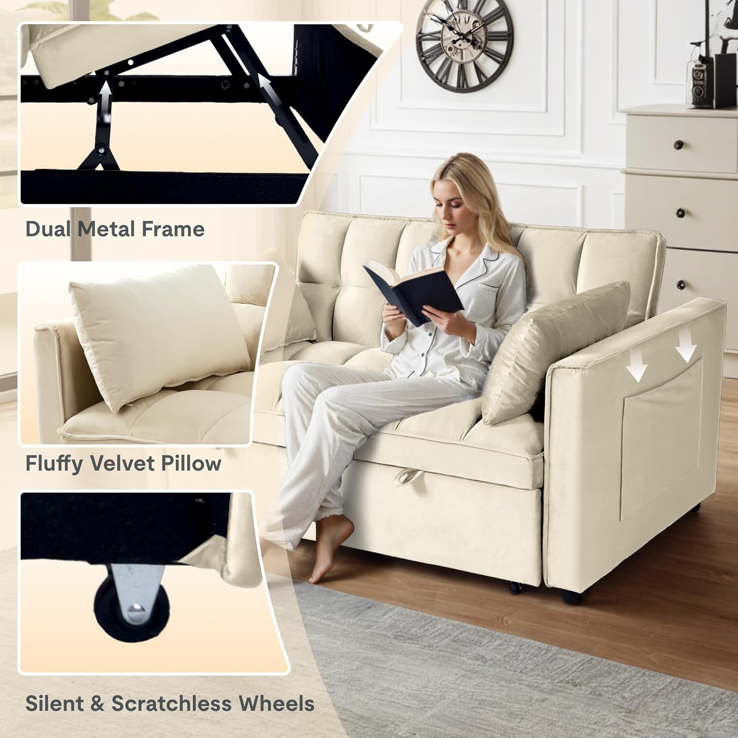 Close-up images showing dual metal frame, fluffy velvet pillow, and silent & scratchless wheels