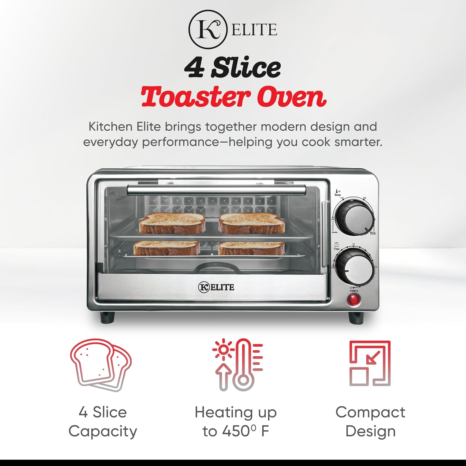 Kitchen Elite 4-Slice Toaster Oven, Compact Countertop Appliance with Bake Tray, Wire Rack, Adjustable Timer, and Temperature Control, Black