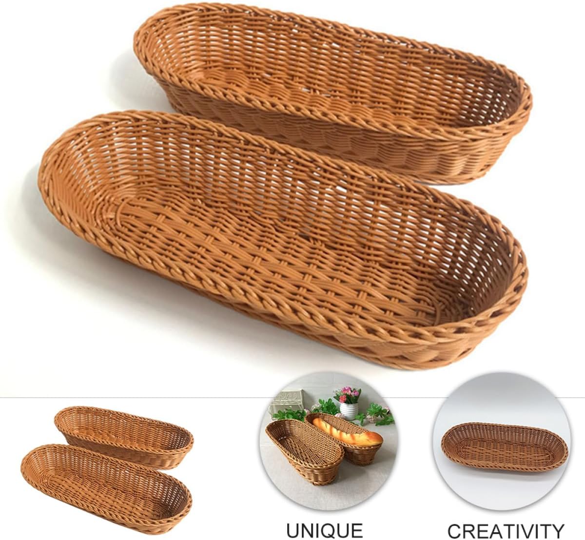 GANAZONO Imitation Rattan Woven Bread and Fruit Baskets 2pcs Set Plastic Storage Containers Kitchen Organizer for Food Serving and Pantry Storage