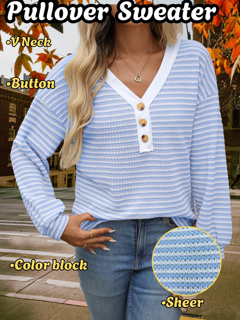 Striped Henley Shirts,V Neck Long Sleeve Knit Tops,Women Fall Clothes Going Out - Image 3