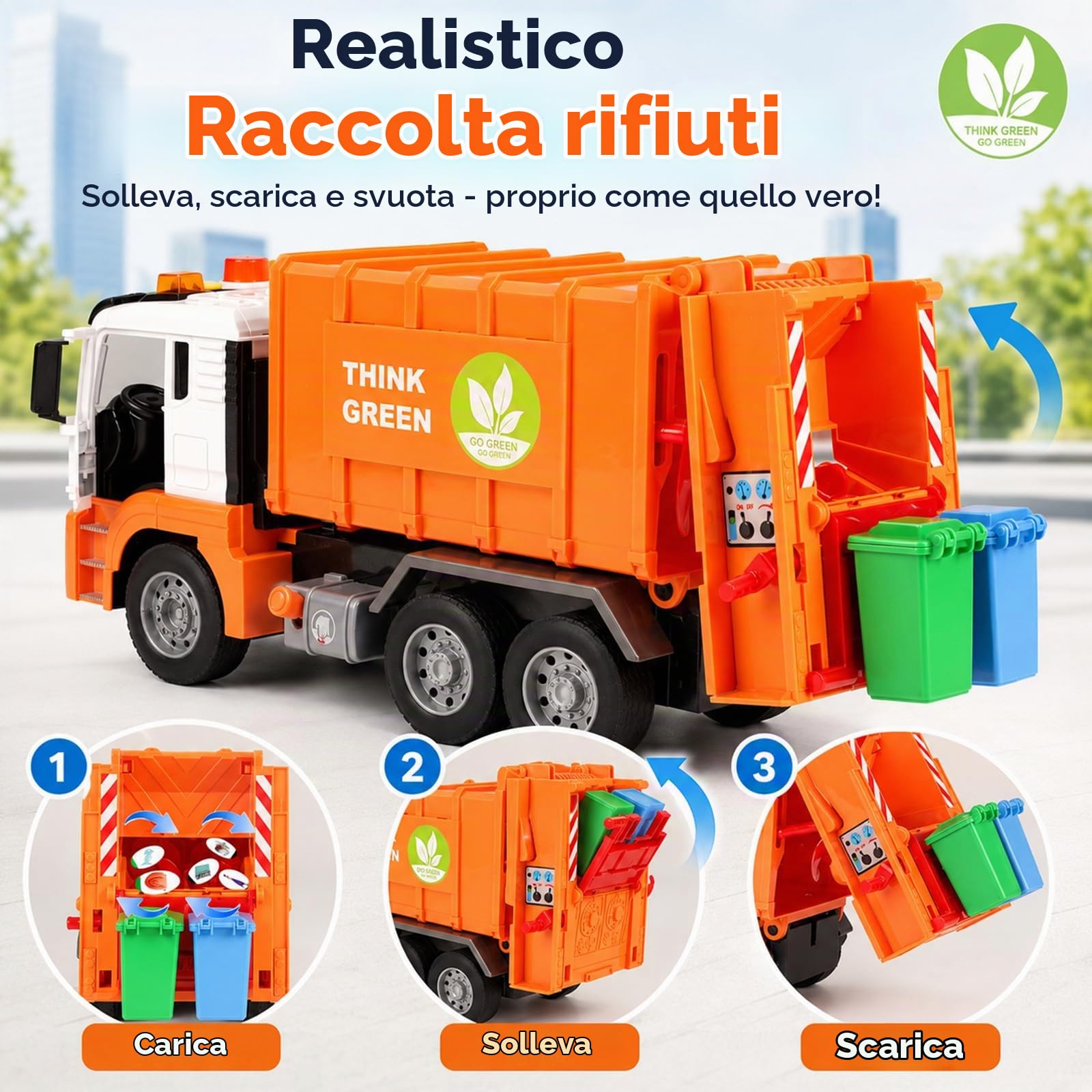 BunnyJOY Camion Spazzatura Giocattolo 3 4 5 6 Anni, Camion Giocattolo Bambini con Luci e Suoni, Veicolo Raccolta Rifiuti, Regalo Bambini, Arancione