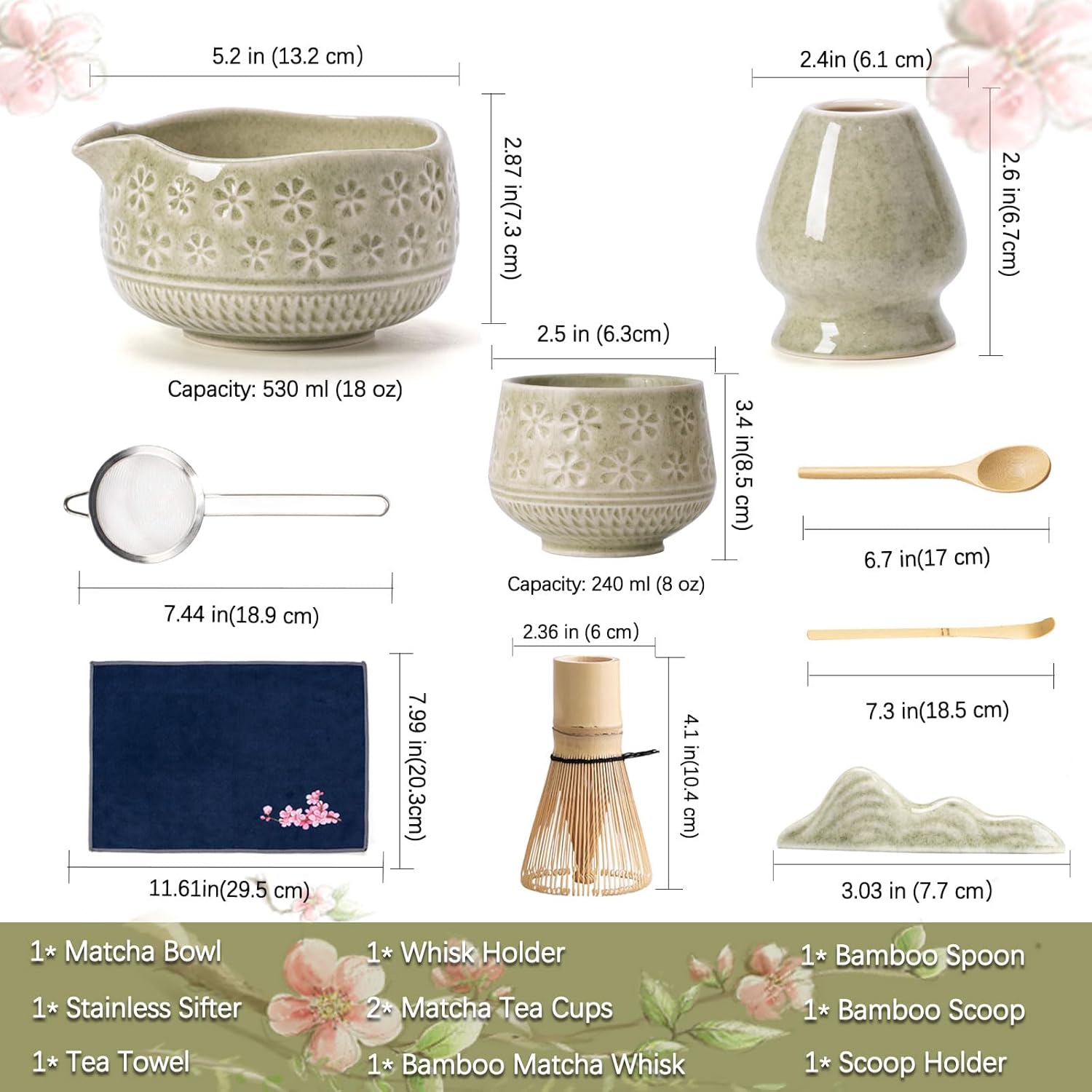 Matcha Whisk Set, 10 Pcs Matcha Set Includes Matcha Bowl, 2 Cups, Matcha Whisk and Holder, Bamboo Scoop and Spoon, Scoop Rest, Sifter and Tea Towel, Complete Matcha Kit (Mottled Green) - Image 5