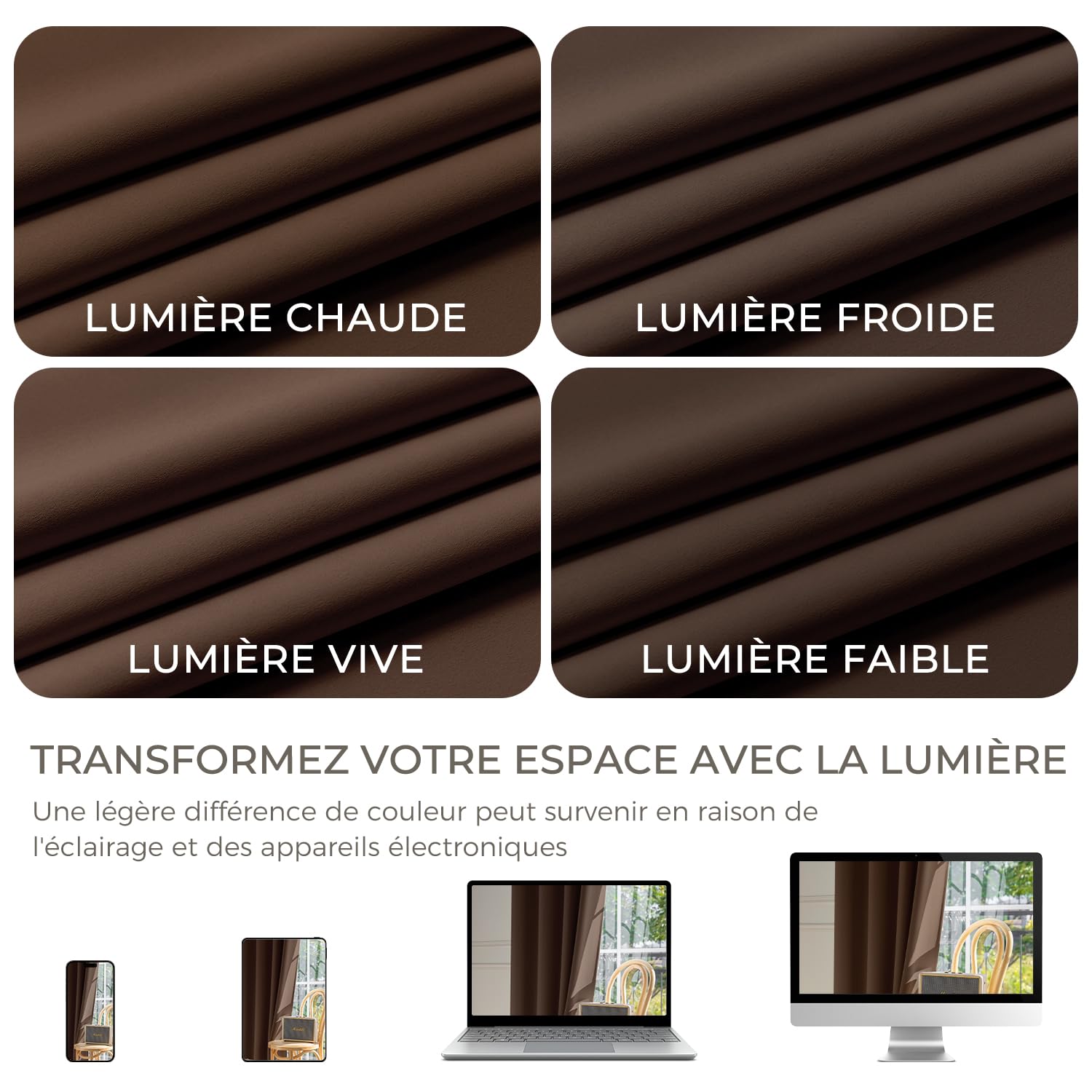 Rideau Occultant Thermiques Isolant 140x175(LxH) Lot de 2 avec Galon Fronceur Anti Froid et Chaleur, Rideaux Opaque Anti UV Décoration Intérieure Chambre Salon Braun