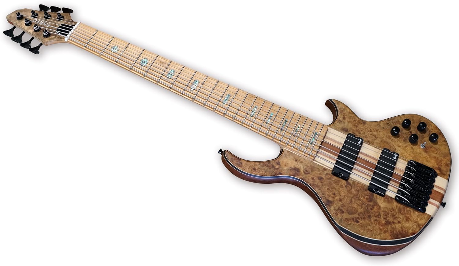 TARIO 7 String Electric Bass Guitar Burl poplar top Millettia Laurentii Okoume body Maple Fretboard