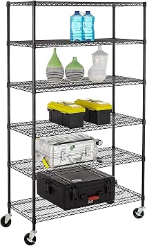 FDW 48" L18" W76" H Wire Shelving Unit Metal Shelf with 6 Tier Casters Adjustable Layer Rack Strong Steel for Restaurant Garage Pantry Kitchen Garage,Black