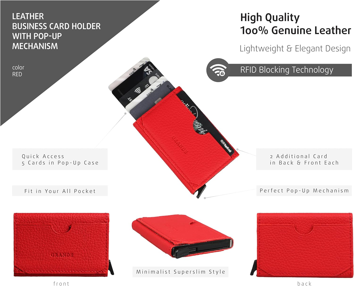 grande 760 Genuine Leather Pop Up RFID Blocking Card Holder Slim Minimalist Metal Card Case Small Wallet for Men and Women - Red - Image 2