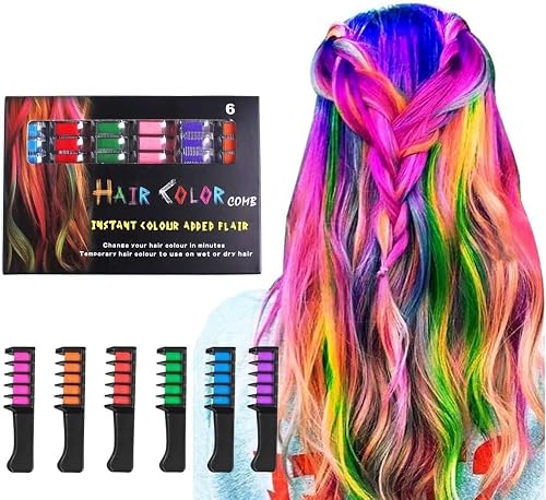 Temporary Hair Colour Chalk Comb Set, 6 Colours, 10cm | Wet or Dry Hair, Easy to Clean, Long Lasting, Quick Application