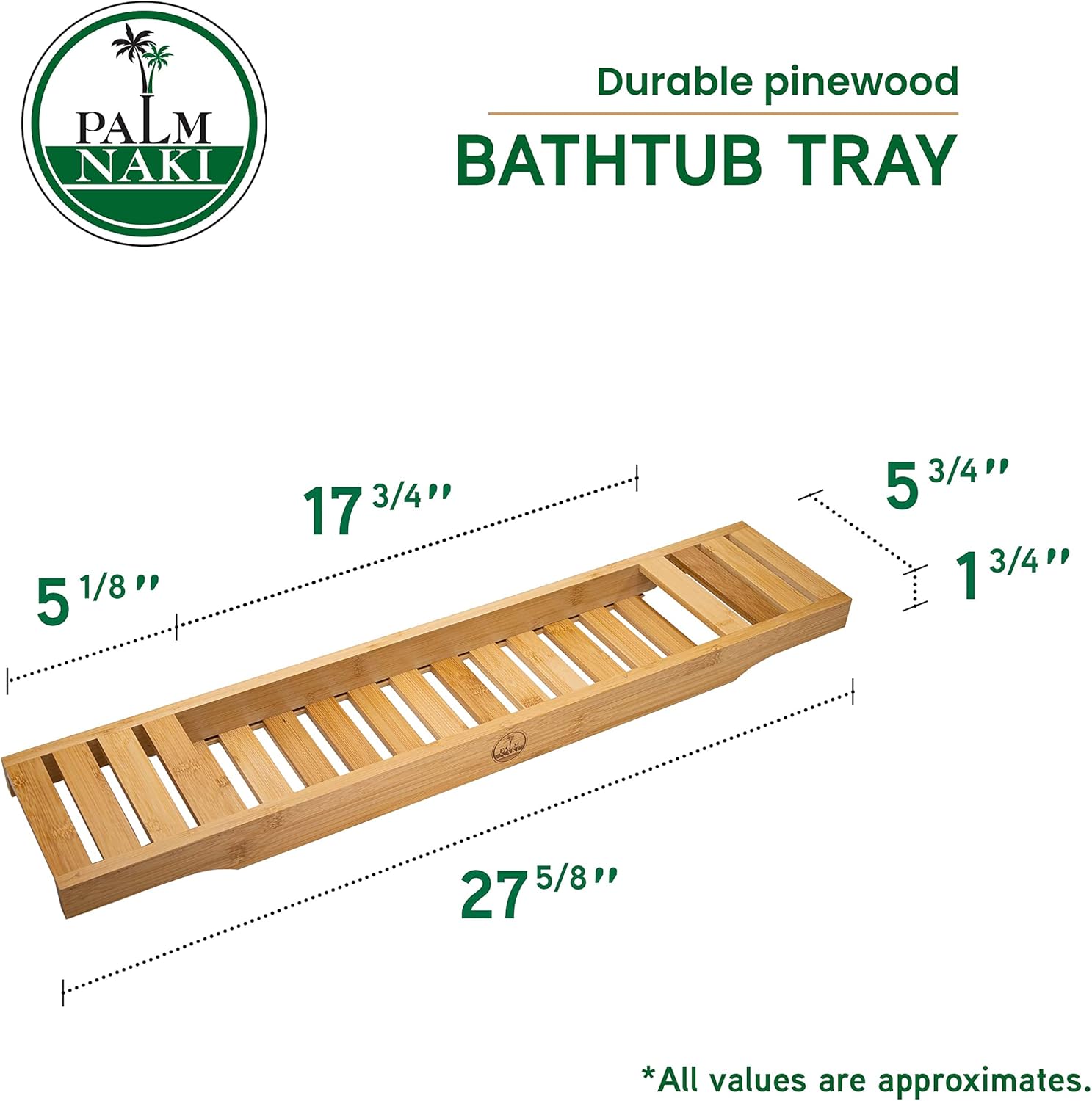Palm Naki Bamboo Bathtub Tray - Premium Bath Caddy, Bathroom Accessory Tray for Bathtub, Slip Resistant, Eco Friendly Bath Caddy