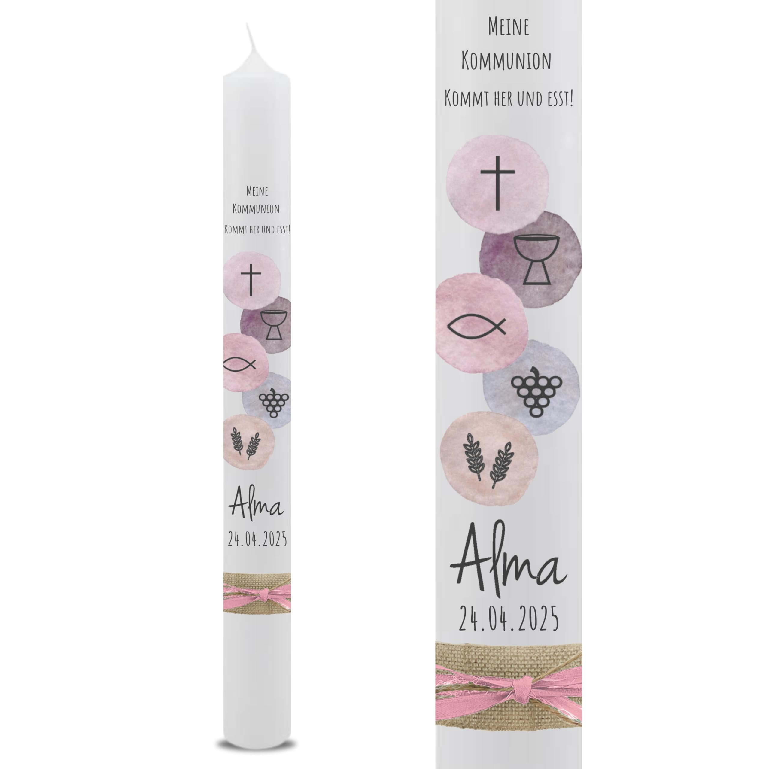 VILLA ROSA LOTTA – Personalisierbare Kommunionkerze "Alma" mit Wunschdaten und Rückseite | christliche Symbole | 40 cm x 4 cm | für Jungen und Mädchen | Motto 2025