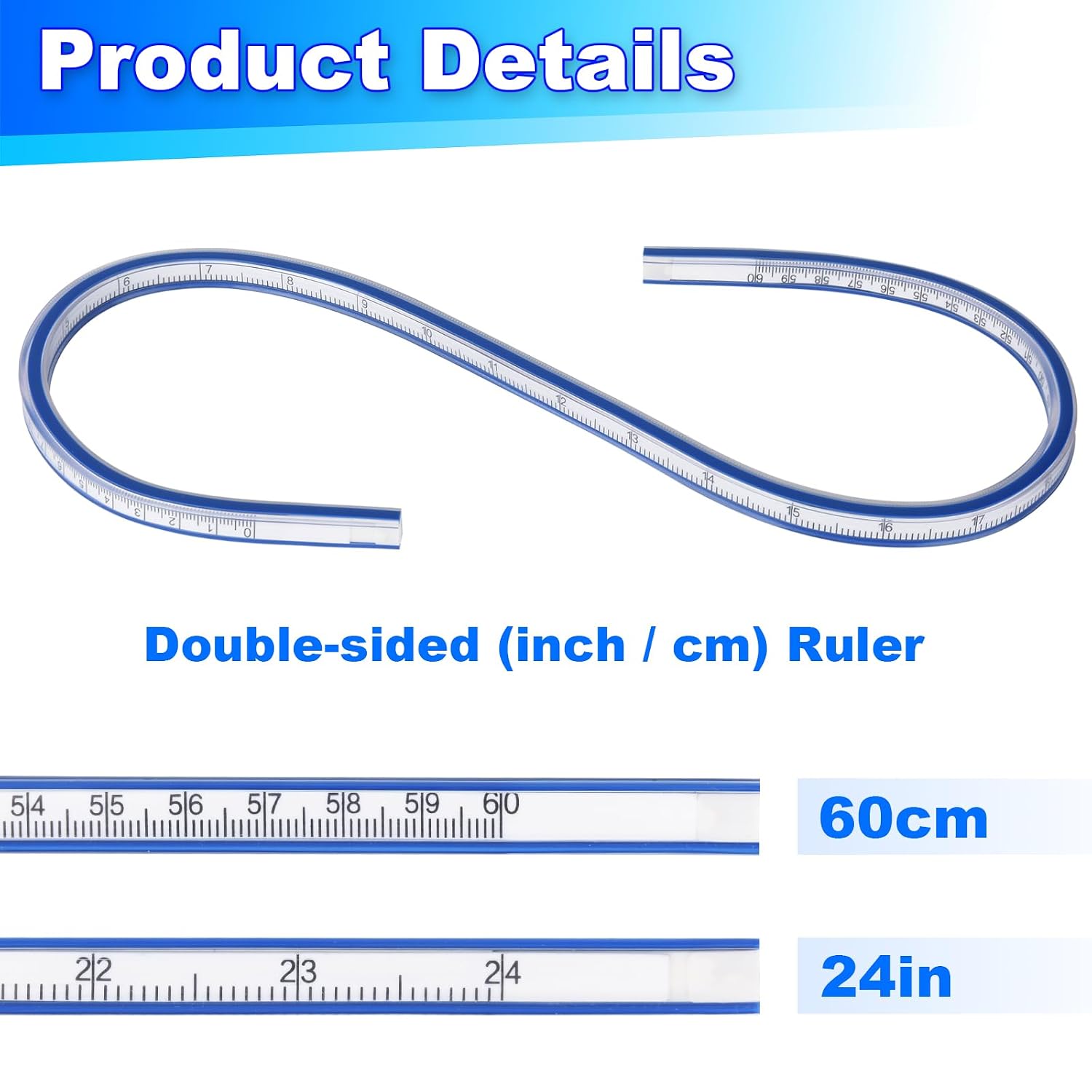 Cosmos Flexible Curve Ruler Soft Plastic Bendable Double Side Scale Ruler for Sewing Craft Woodworking Drawing Graphic Template Body Measure, 24 Inch