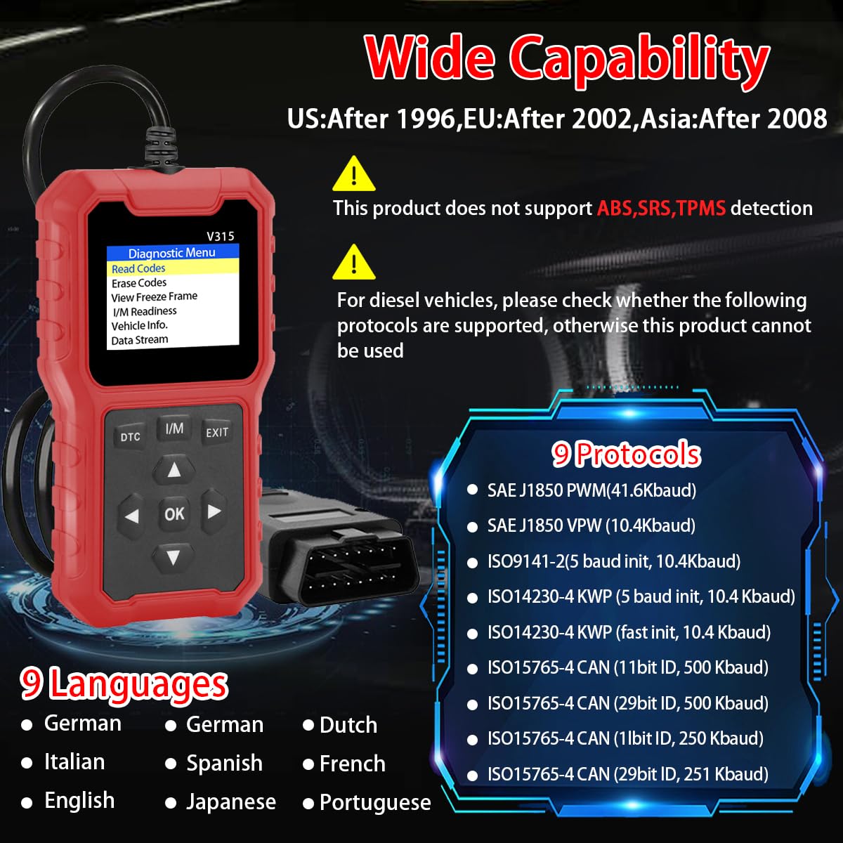 V315 Narzędzie diagnostyczne OBD2, czytnik kodów, narzędzie diagnostyczne światła silnika, tester napięcia akumulatora, do samochodów osobowych i ciężarowych OBD2 od 1996 roku
