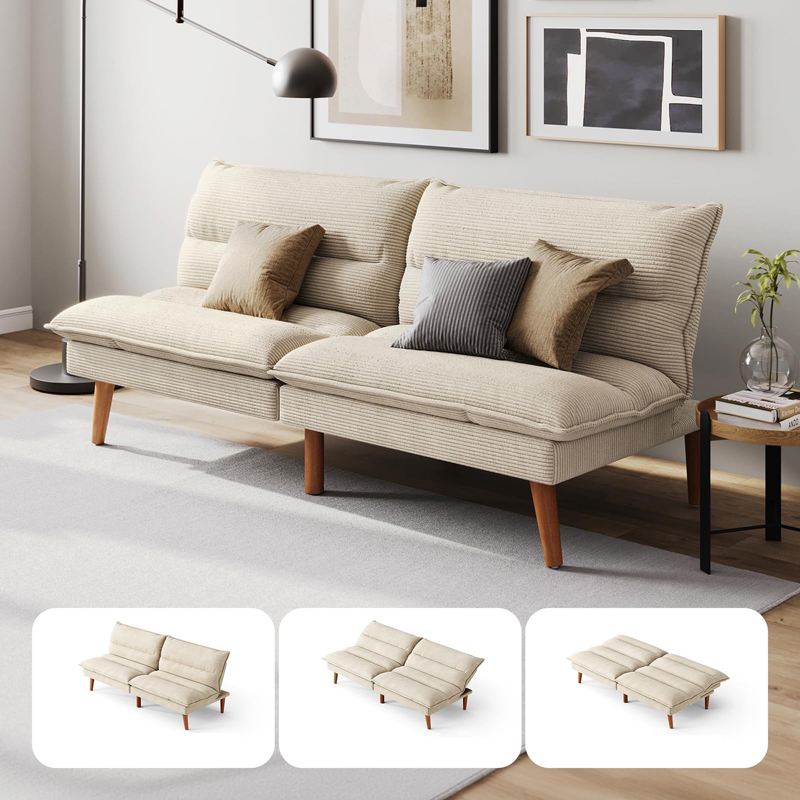 LINSY HOME Futon Sofa Bed - Convertible Corduroy Futon Couch Bed with Adjustable Backrest, Modern Small Loveseat Sleeper Sofa for Small Spaces, Living Room, Apartment or Office (Beige)