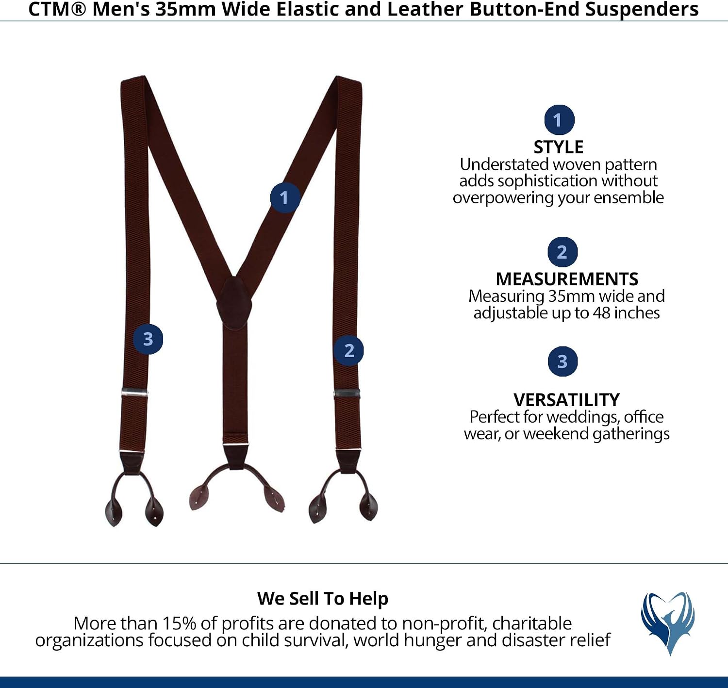 CTM Men's 35mm Wide Elastic and Leather Button-End Suspenders
