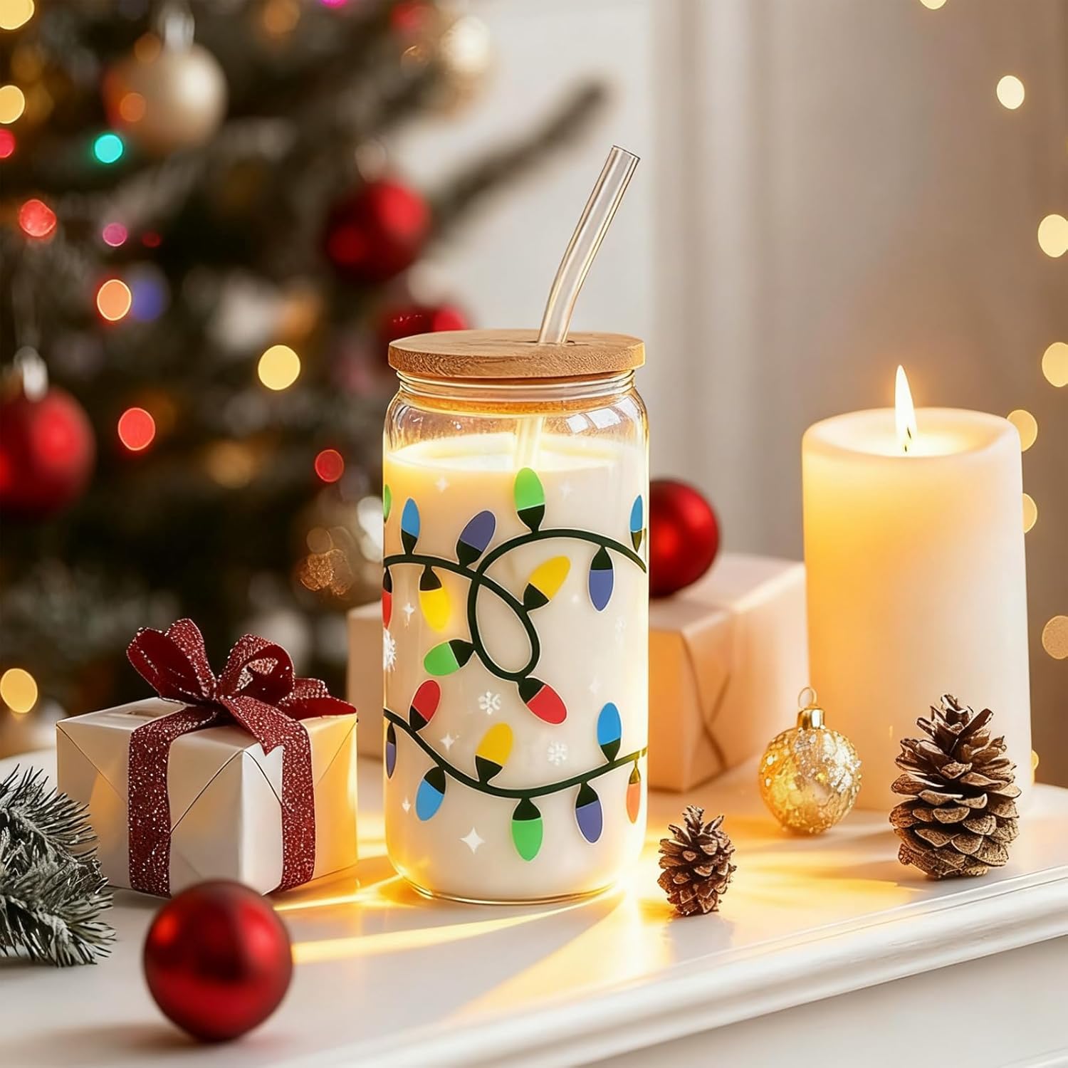 Color Changing Christmas Cup, Iced Coffee Cup with Color Changing, Cute Glass Cups with Lids and Straws, Reusable Travel Mug for Iced Coffee Cold Water, Valentines Day, Birthday Gift for Her - Image 3