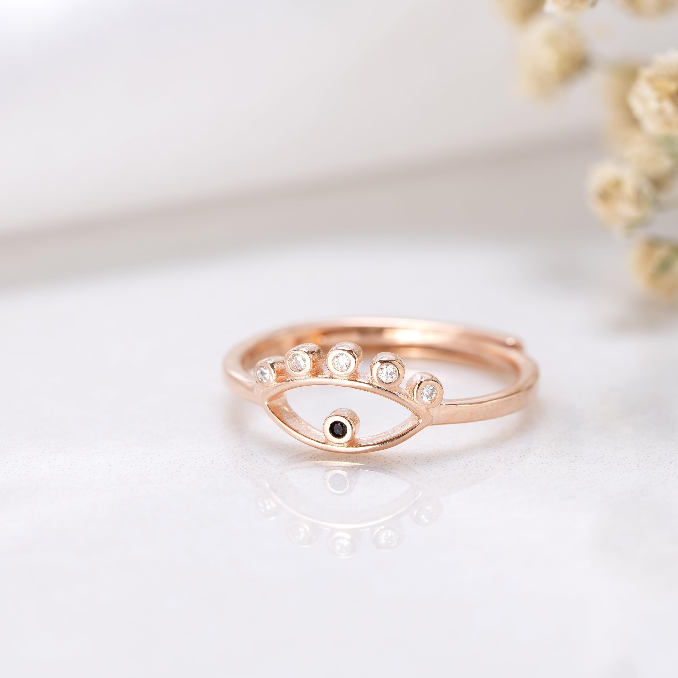 Women's 925 Sterling CZ Evil Eye Rose Plated Adjustable Ring