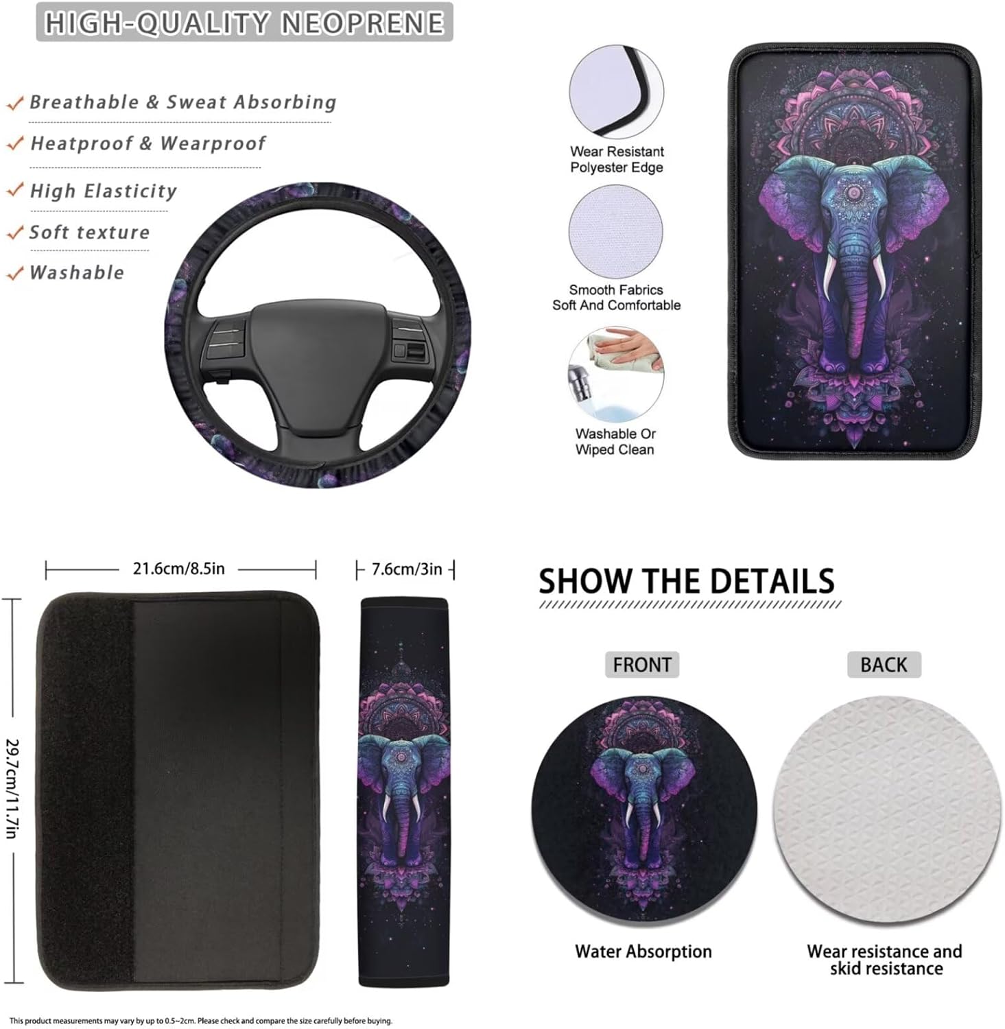 Elephant Print Car Seat Covers Full Set for Women Mandala Flower Car Front Back Split Bench Protector Steering Wheel Cover Seatbelts Pads Coaster Armrest Headrest Cover, Purple