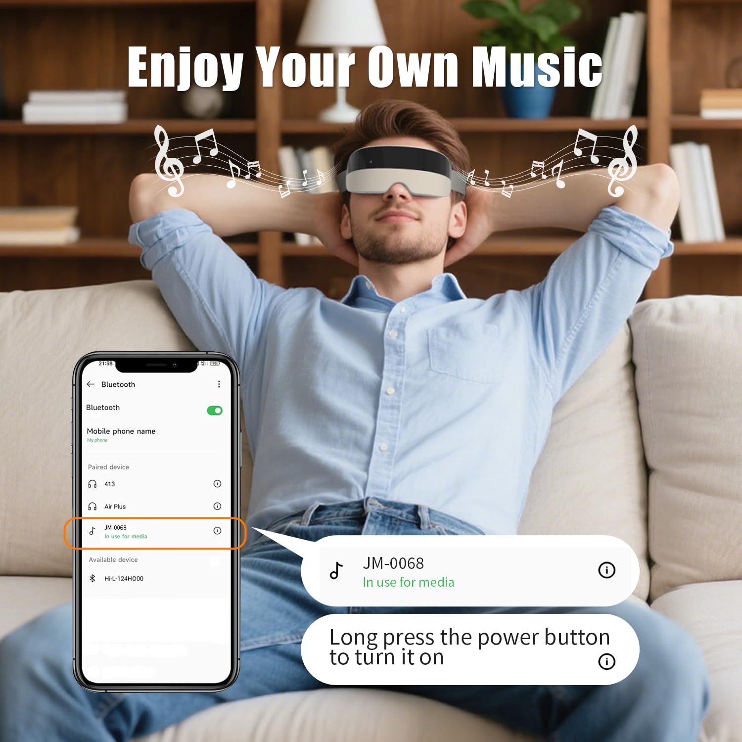 PHOFAY Masajeador de ojos con música, calefacción, modos de compresión, diadema ajustable, dispositivo portátil recargable para el cuidado de los ojos para relajación y alivio de la fatiga (negro y