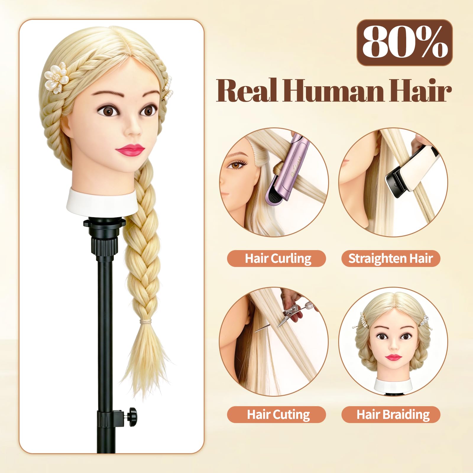 Yofuly 26 Zoll Trainingsköpfe 80% Echthaar Schaufensterpuppenkopf mit Tischklemme DIY-Haarzopf-Set weiß