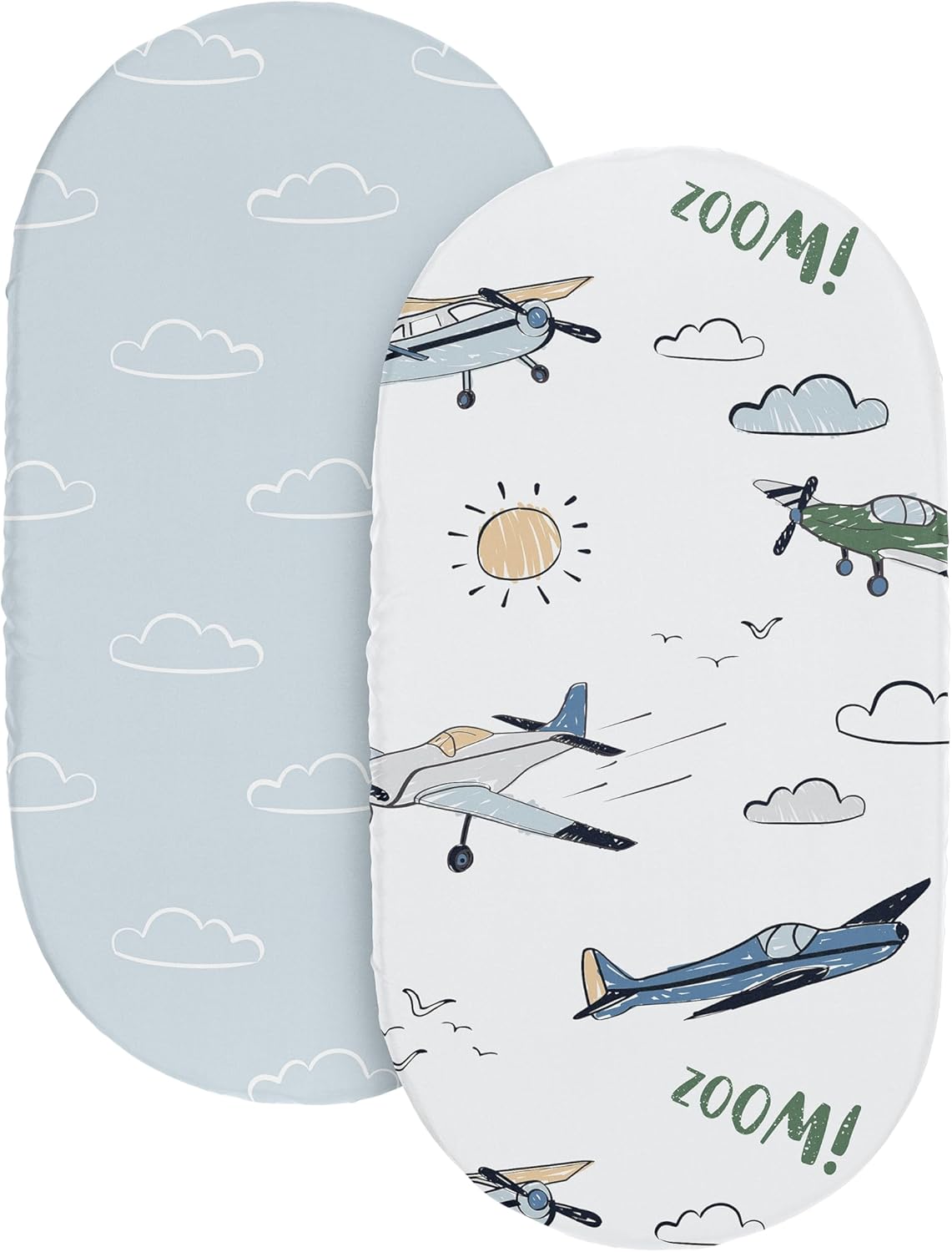 Sweet Jojo Designs 2-Piece Baby Bassinet Sheets Set (Vintage Airplane) for Boys, Infant Newborn Nursery, Oval, Rectangle & Hourglass Mattress (Blue Clouds & Air Plane Transportation, Aviator Aviation)