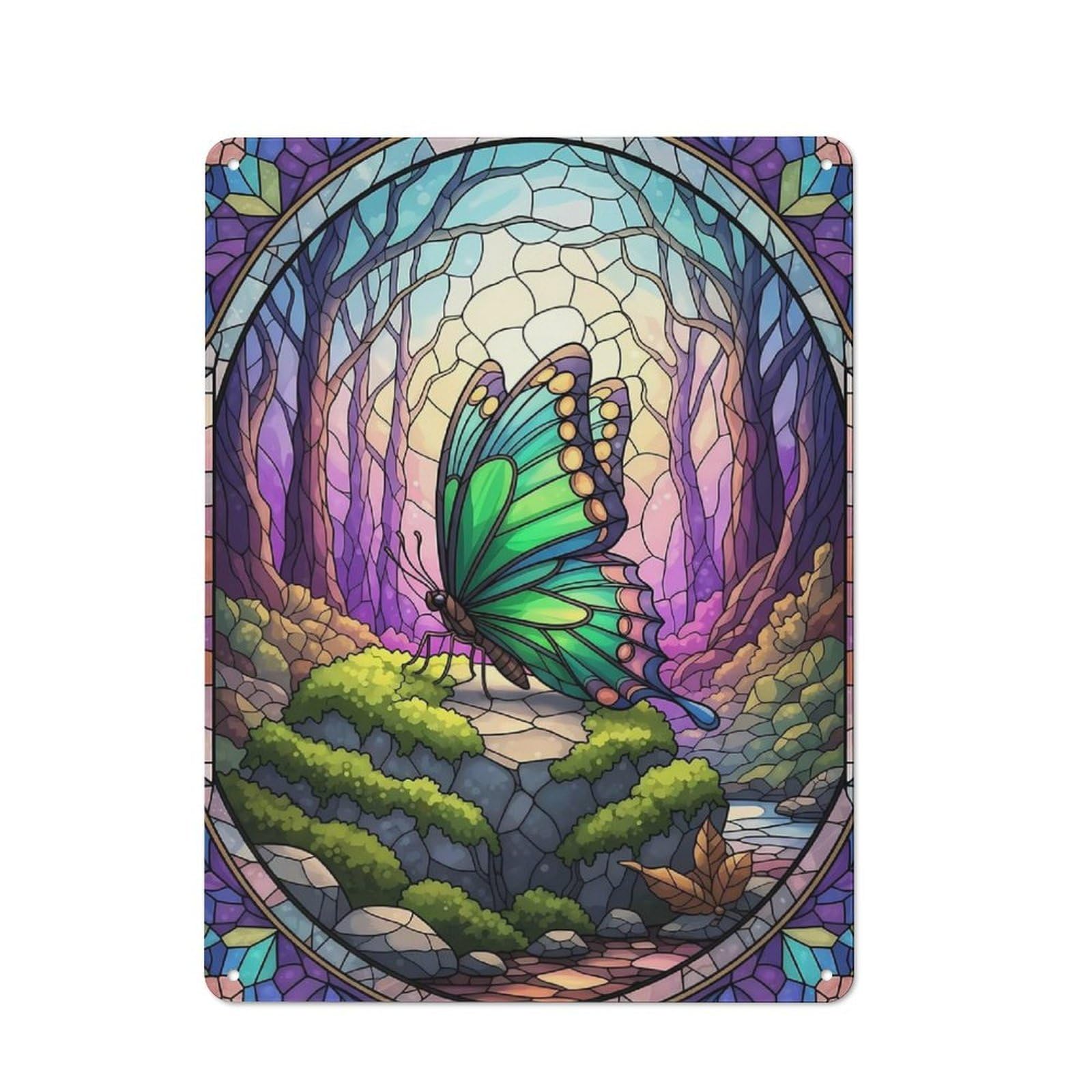 Junmoney Style-16 Metal Wall Plaque With Stained Glass Butterfly In Forest Scene Design 40X30cm, Simple Retro Studio Wall Plaque For Hobby Room, Office, Lounge Or Living Room