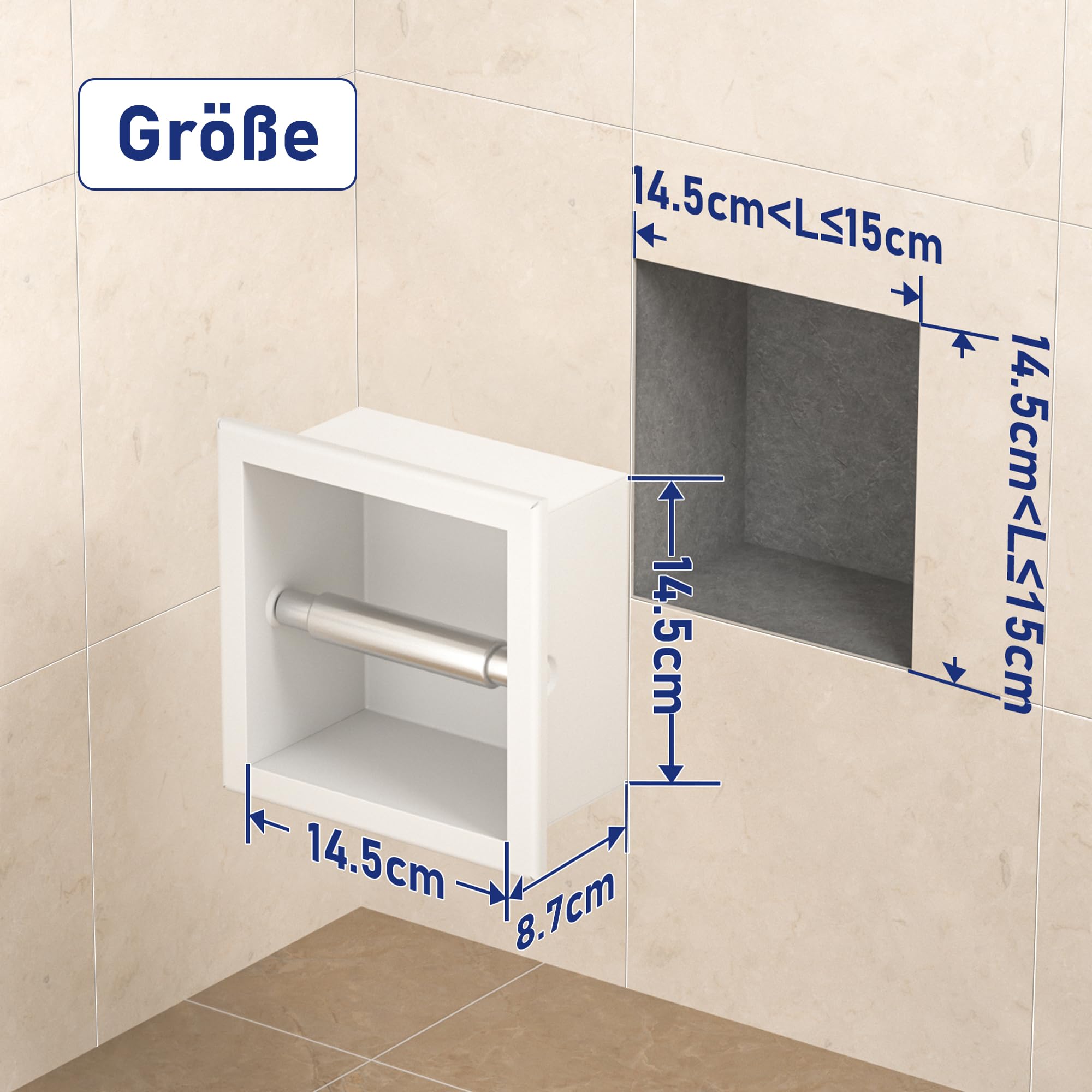 Soporte de papel higiénico empotrado de acero inoxidable para cuarto de baño, 17,3 x 17,3 x 8,7 cm, color blanco