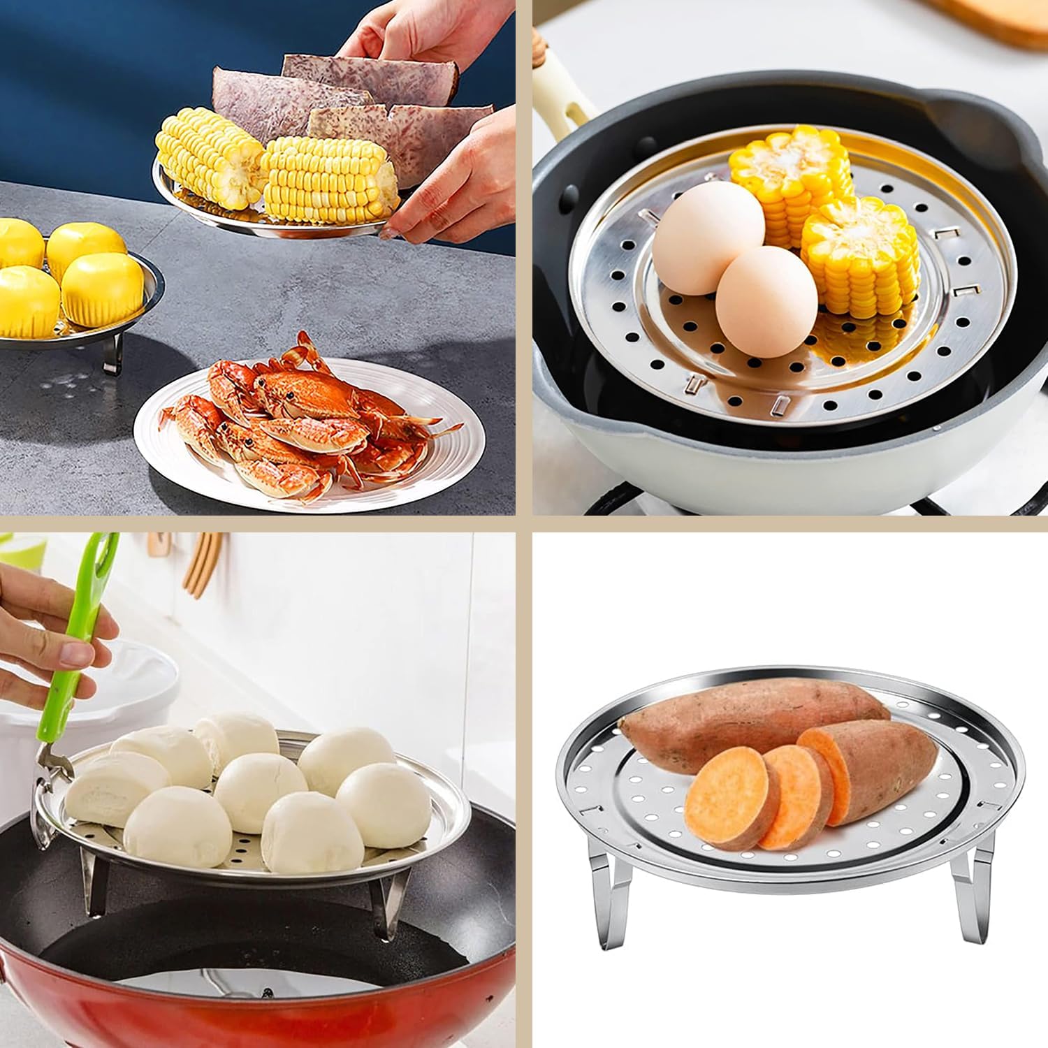 Valajogi 2 Psc Stainless Steel Food & Vegetable Steamer | Round Expandable Steam Plate | Detachable V-Stand | Pressure Cooker & Kadai Compatible Small 20cm- Large 22cm (Combo) 1