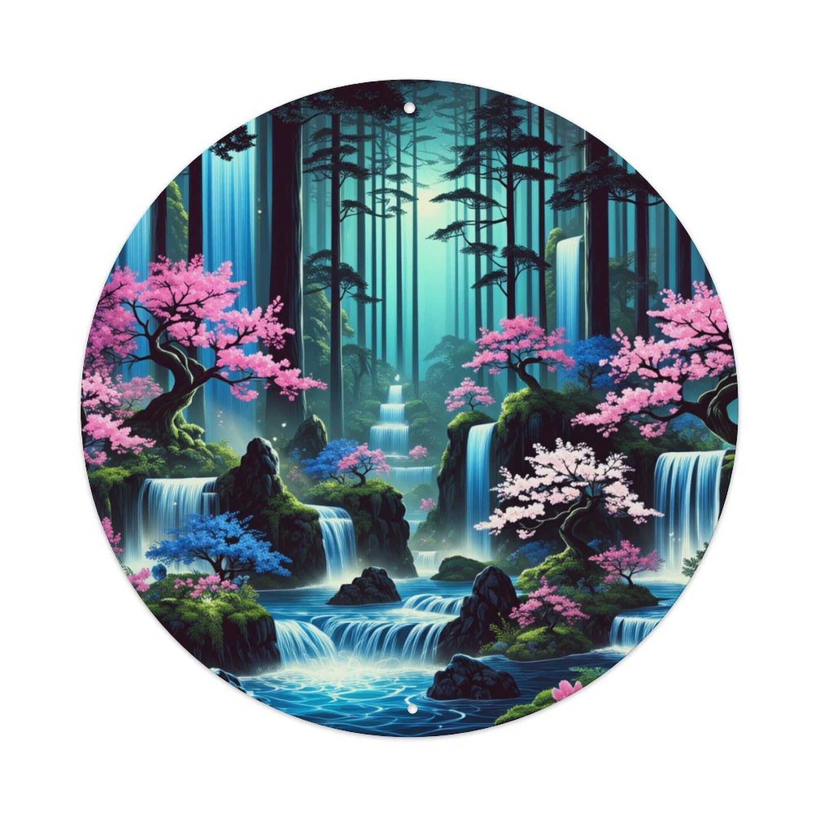 Fantasy Forest Waterfall Cherry Blossom Round Tin Sign Vintage Metal Poster, Home Bar Garage Man Cave Cafe Indoor & Outdoor Wall Decoration 8x8Inches