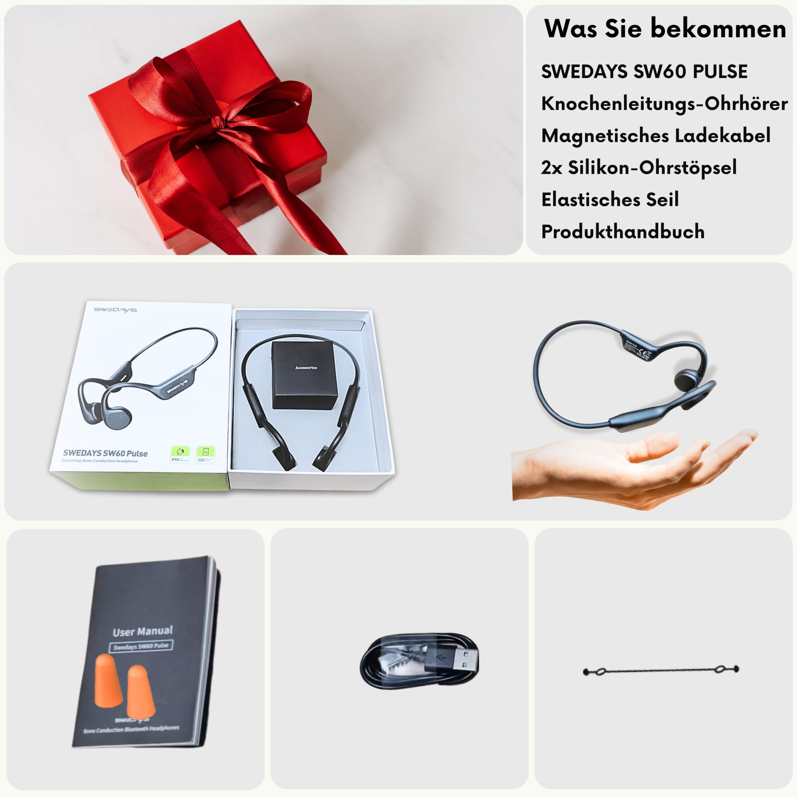 Knochenschall Kopfhörer Schwimmen, Open-Ear kopfhörer Bluetooth 5.4, IP68 Wasserdicht, 32GB Interner Speicher MP3 Player mit Mikrofon,10 Std Spielzeit für Laufen,Radfahren & Gym