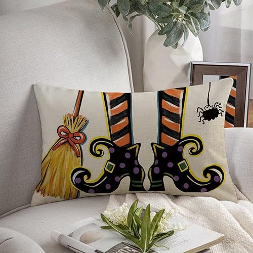 Miniatura 5 de Funda de almohada decorativa lumbar con zapatos de bruja de Halloween de 12 x 20 pulgadas, escoba rectangular araña para decoración del hogar al