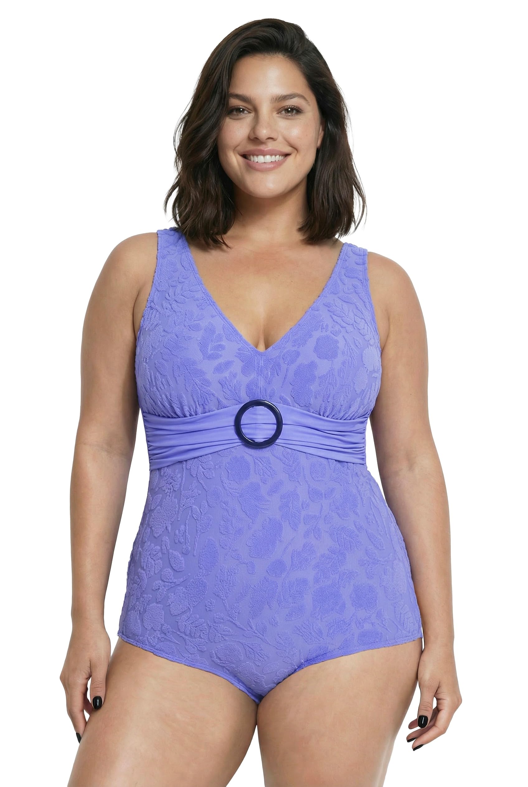 Ulla Popken Damen große Größen Übergrößen Plus Size Badeanzug, Blütenstruktur, Softcups, Zierring 848740