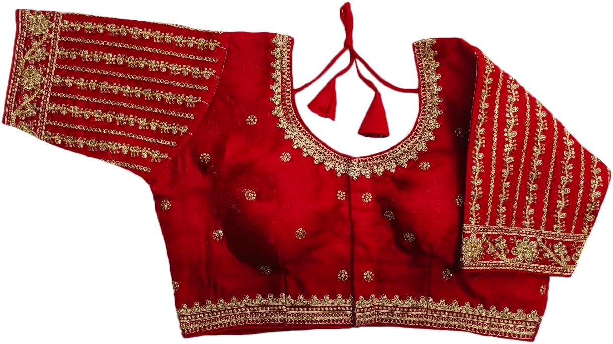 Pujia Mills Women's Readymade Blouse Embroidery Multi Coding Gold Thread Indian Ethnic Designer Stitched Readymade Saree Half Sleeve Blouse for Women for Saree Lehenga Choli