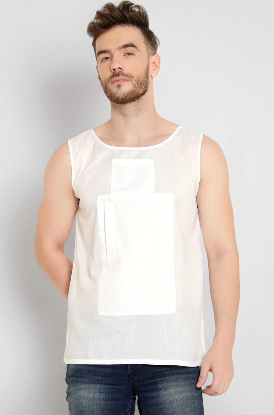 Men's White Cotton Travel Vest |2 Hidden Pockets | Sleeveless |