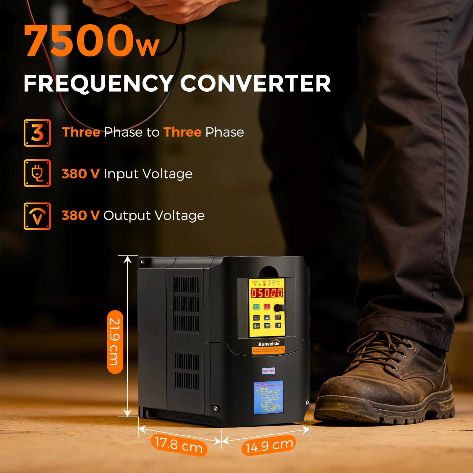 Bonvoisin Frequenzumrichter VFD, 380V 7.5kW, 3-Phasen Eingangs, Vektorregelung für CNC-Spindelmotor & Industriemotoren, Geschwindigkeitsregler mit 100cm Bedienpanel-Kabel, 10HP