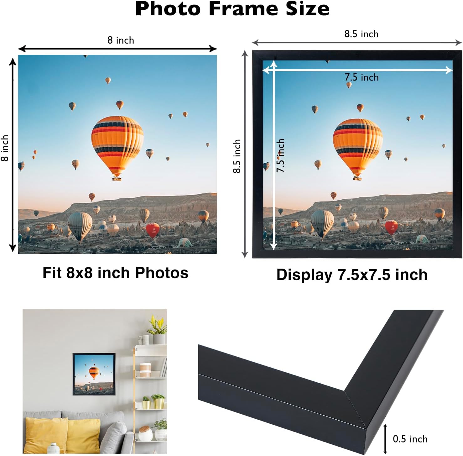 JCJMY 8x8 Picture Frame Black for Wall Hanging or Tabletop, Wall Mounting Horizontally or Vertically, 8 x 8 Square Wall Gallery Poster Photo Frame with Shatter Resistant Plexiglass, Black