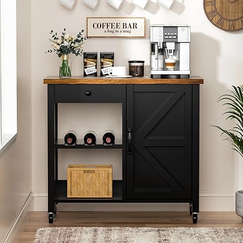 4 EVER WINNER Kitchen Island Cart with Storage, Coffee Cart with Adjustable Shelf & Wine Rack, Rolling Kitchen Island on Lockable Wheels, Black